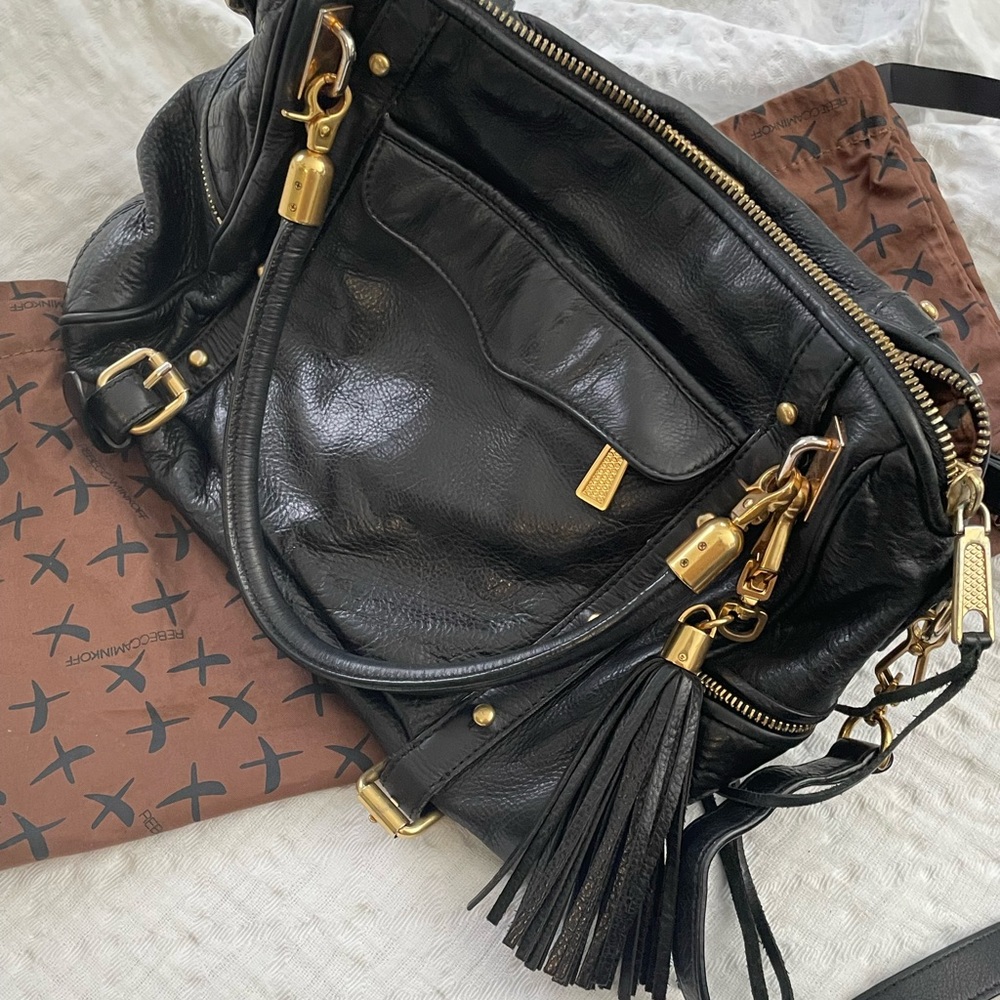 Rebecca Minkoff "Cupid" Leather Satchel Cross Body Bag Gold Stud Buckle Black